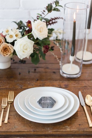 modern white and gold wedding place setting