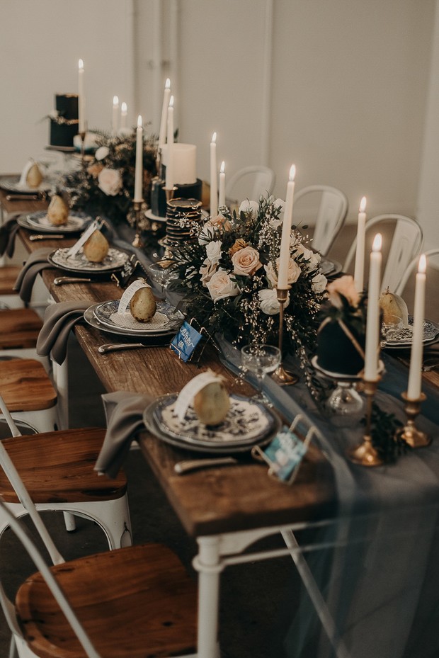 romantic neutral toned and dramatic table decor