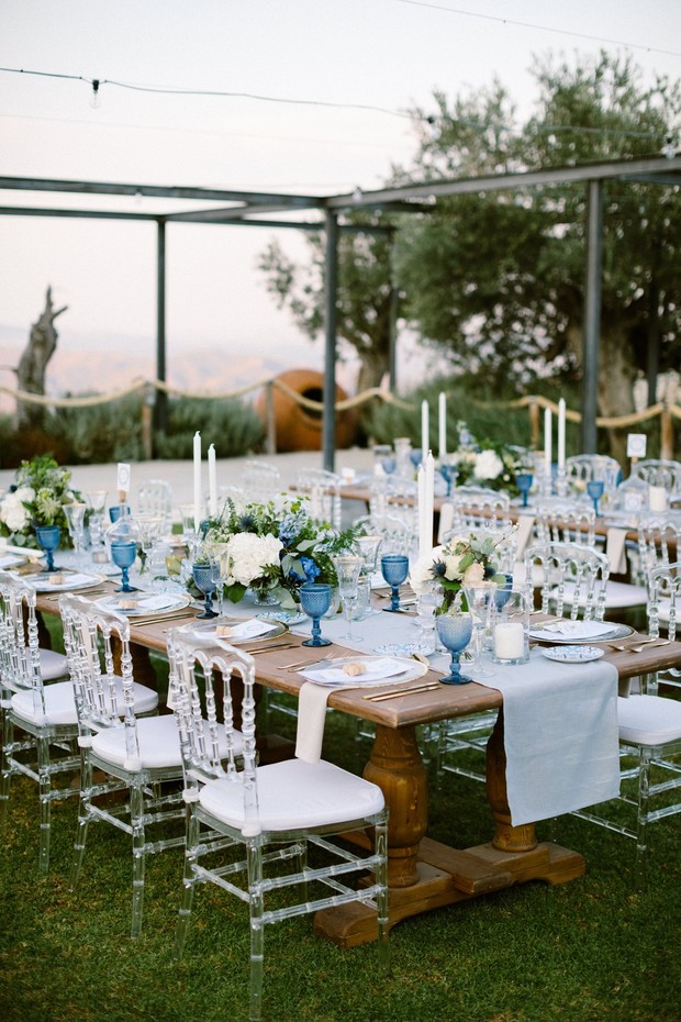 blue and white glamorous outdoor wedding reception
