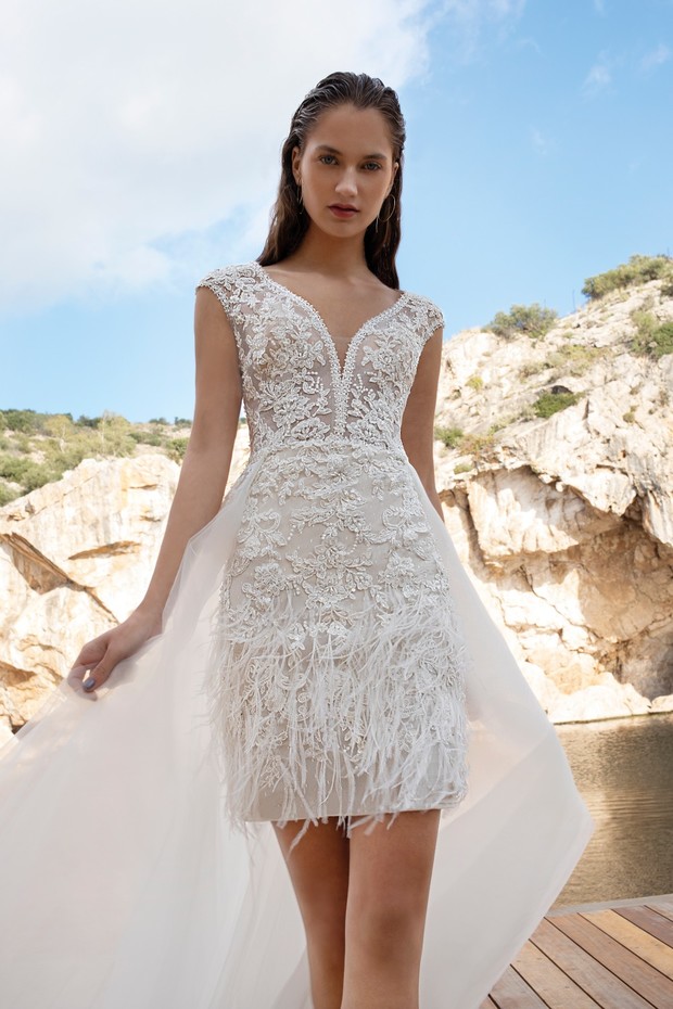 feather and beaded cocktail dress by Demitrios Destination Romance collection