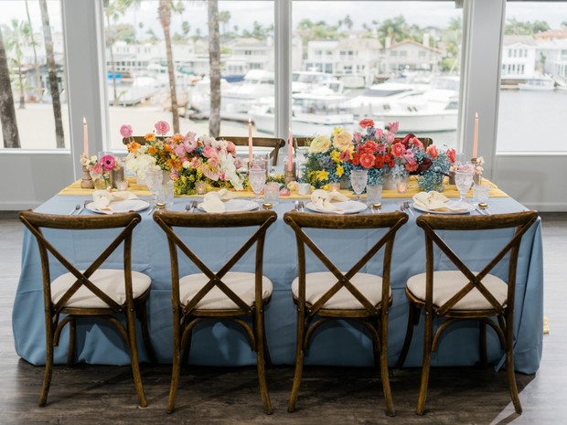 blue and yellow bridal shower table