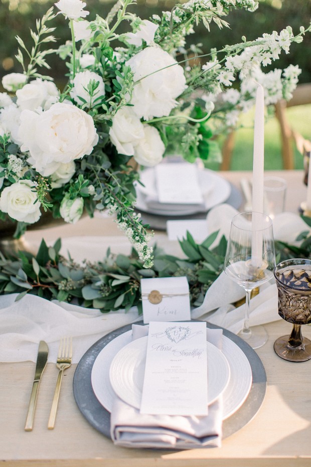 white and grey wedding place setting