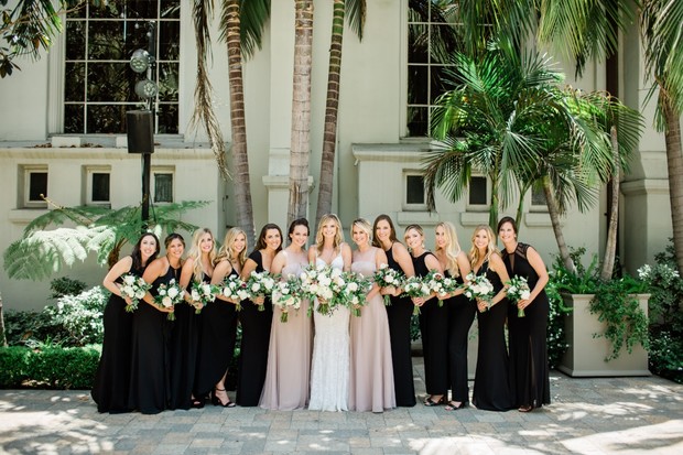 bridesmaids in black and blush dresses