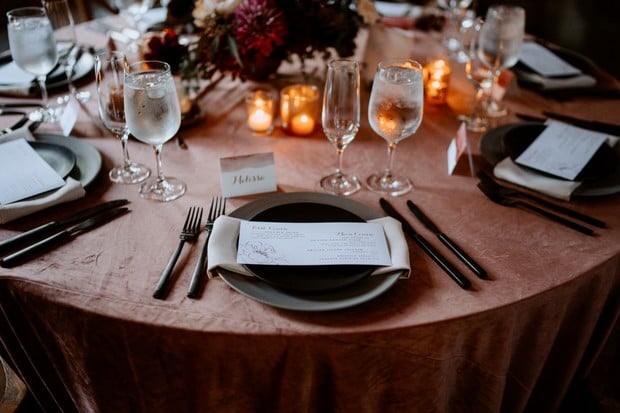 black white and dusty rose place setting