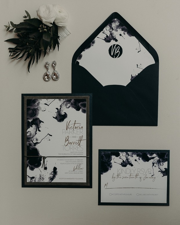 black and white ink blot wedding invitations