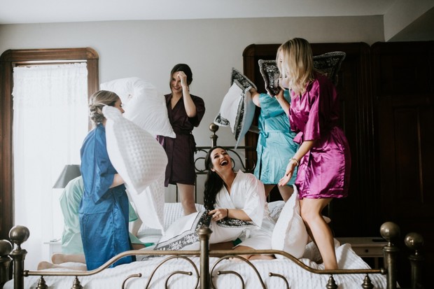 bridesmaids pillow fight