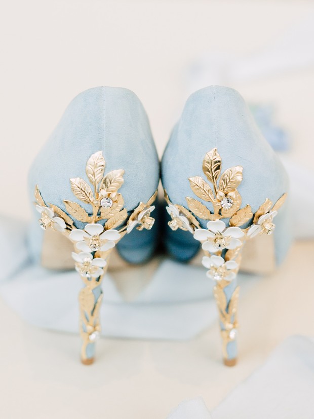 pastel blue wedding shoes and gold detail