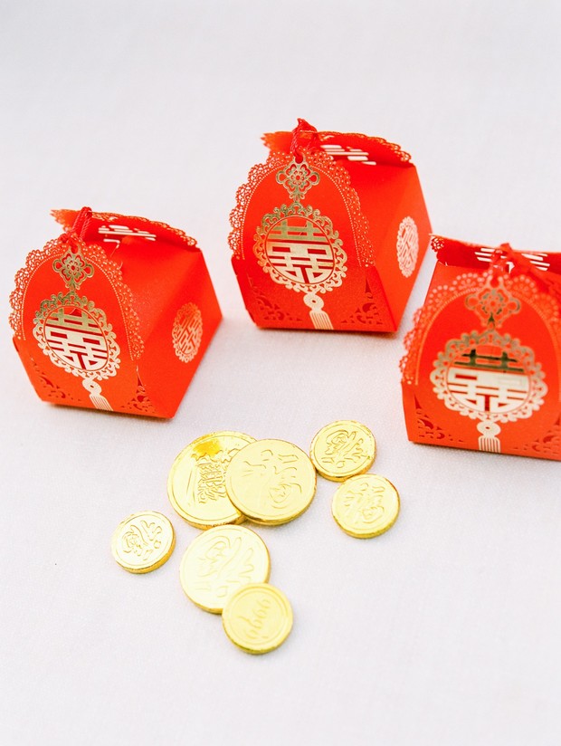 gold and red favor box