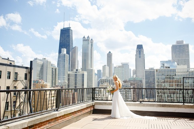 Chicago bride rooftop wedding with city skyline view
