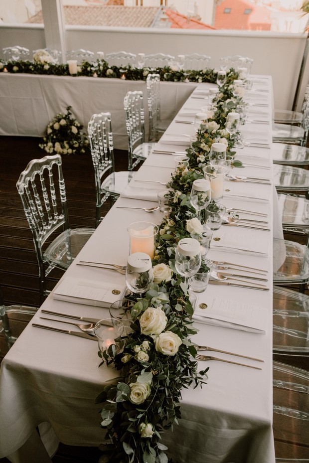 white and greenery wedding table decor