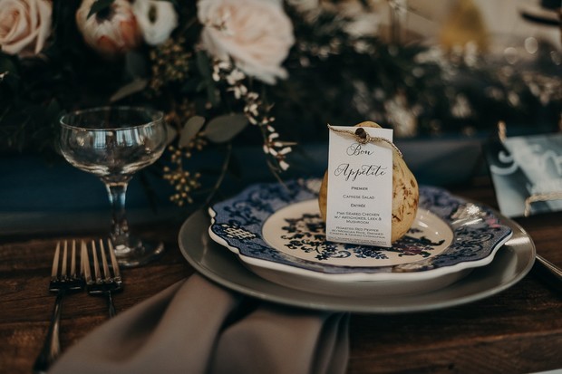 moody grey and blue place setting