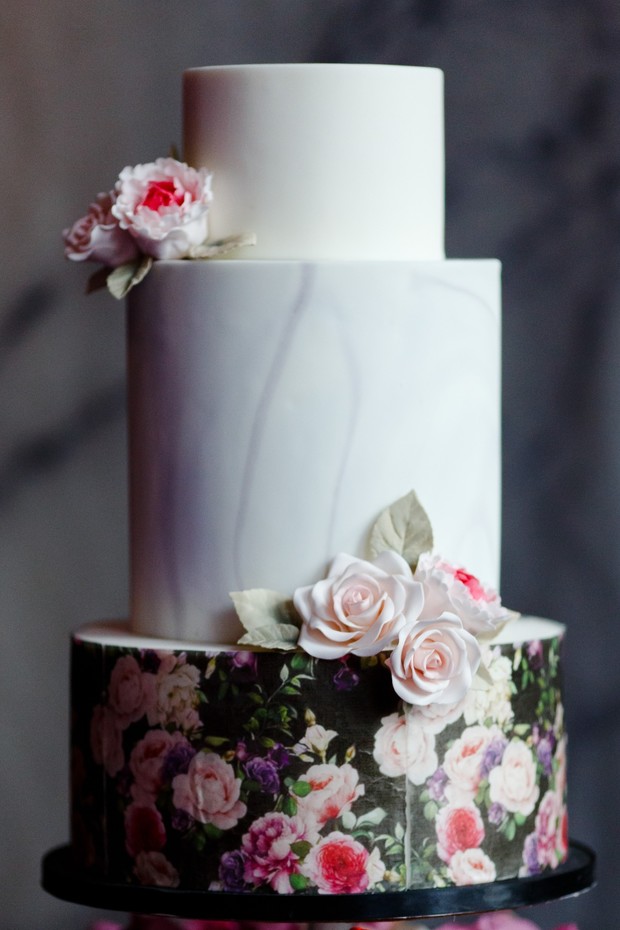 modern marble and floral wedding cake