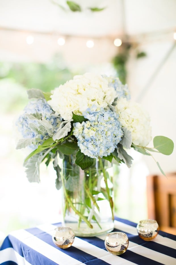bold stripes and blue and white hydrangea