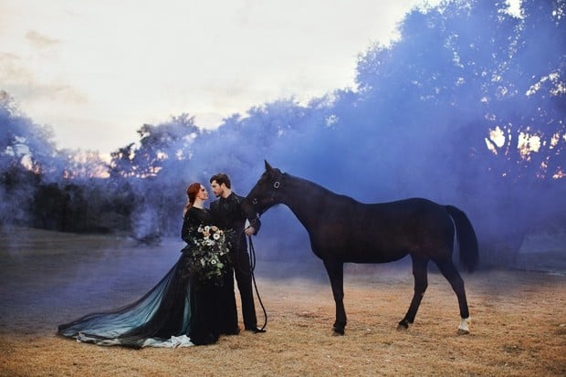 all black wedding ideas with purple smoke bomb