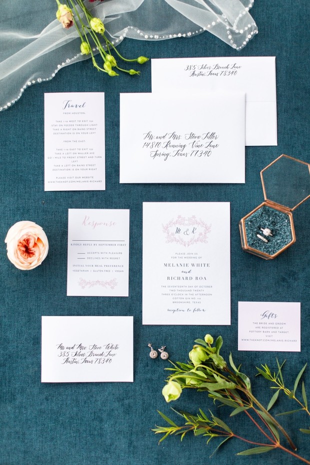 Elegant wedding stationery flat lay with ring box and flowers