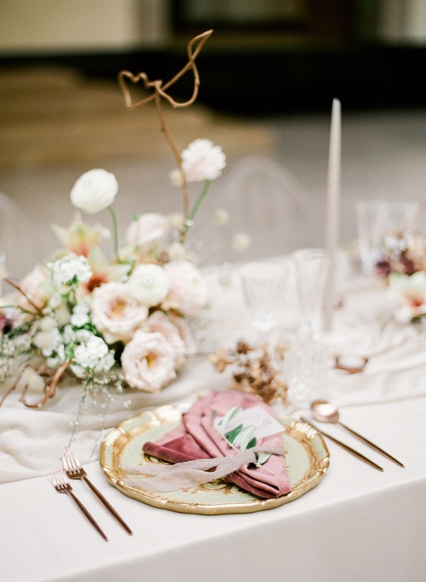 Wedding reception design in blush and gold