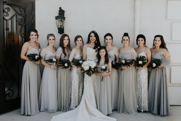 mismatched bridesmaid dresses in silver and ivory