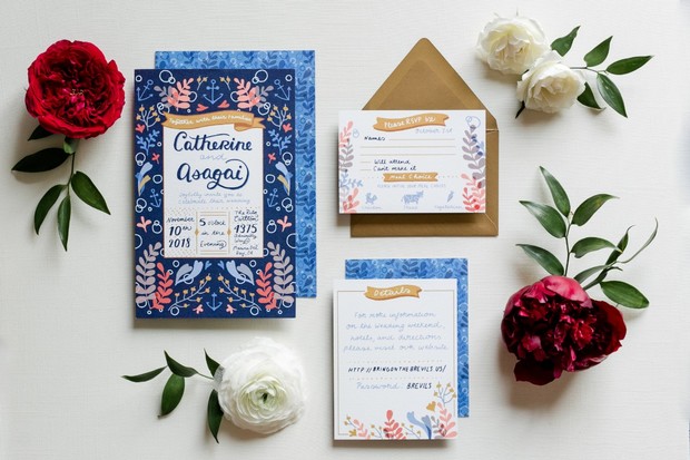 floral blue and gold wedding invitations