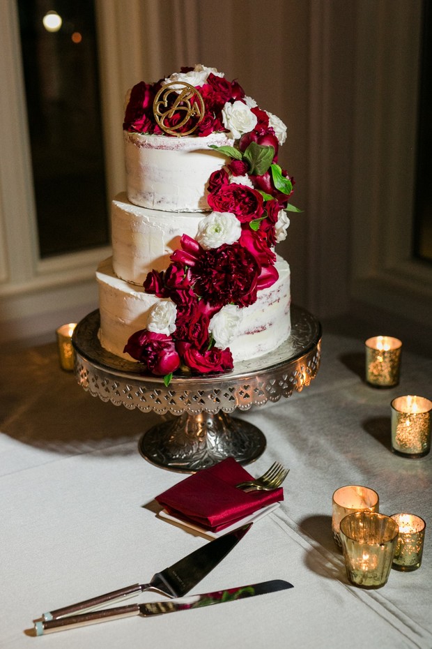 white and burgundy wedding cake