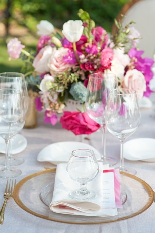 gold white and pink place setting