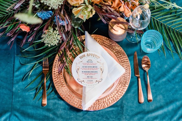 copper and teal blue wedding place setting