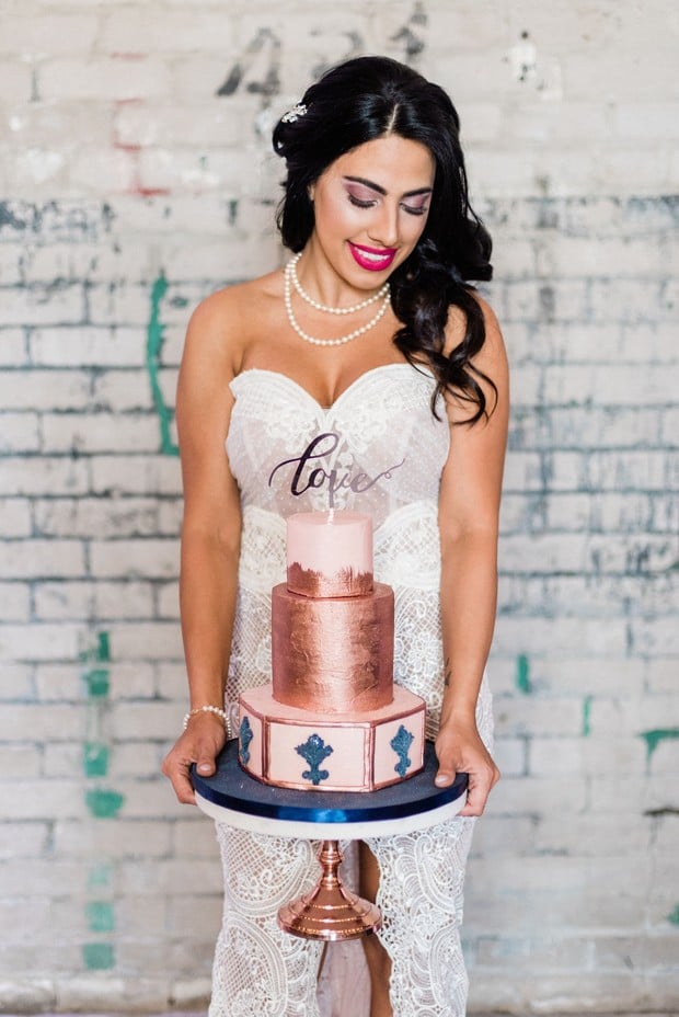 copper and blue wedding cake