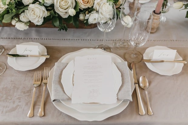 silver and white wedding place setting