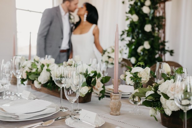 blush and white wedding table setting