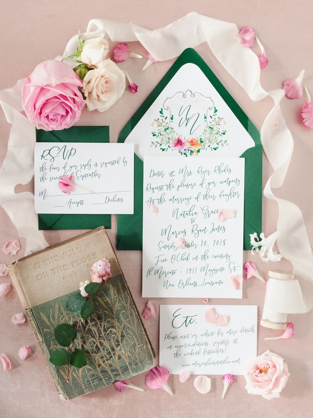 wedding invitation suite in emerald green