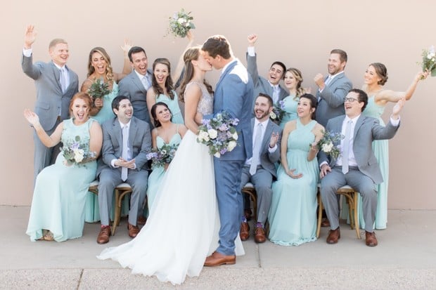 teal and grey wedding party