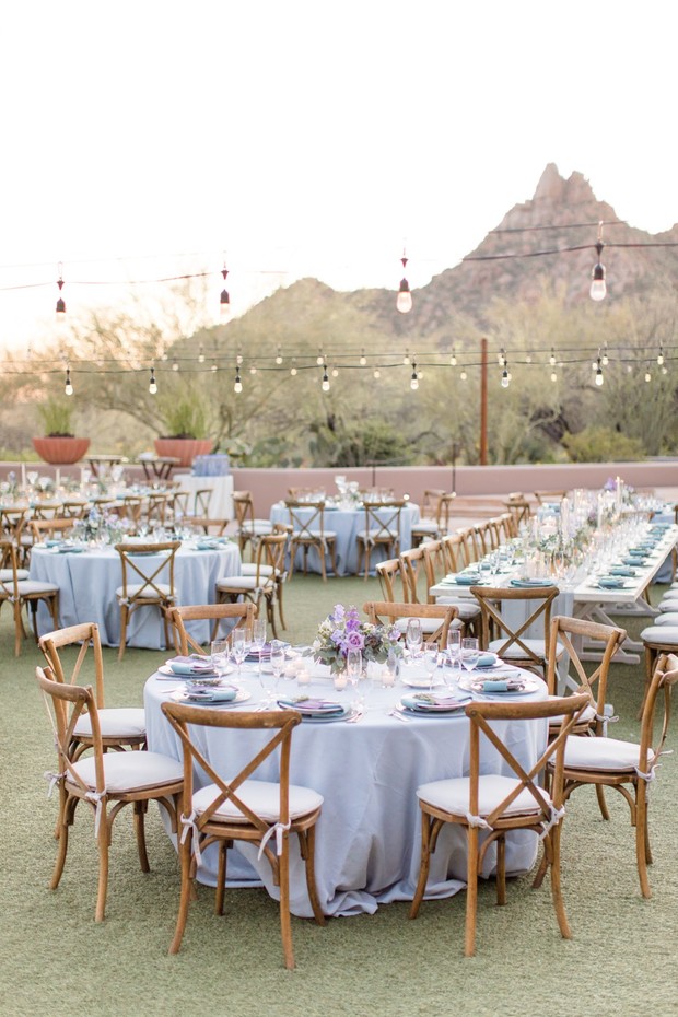 purple and grey wedding reception outdoors