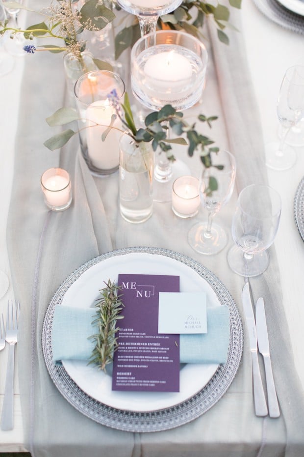purple and teal wedding place setting