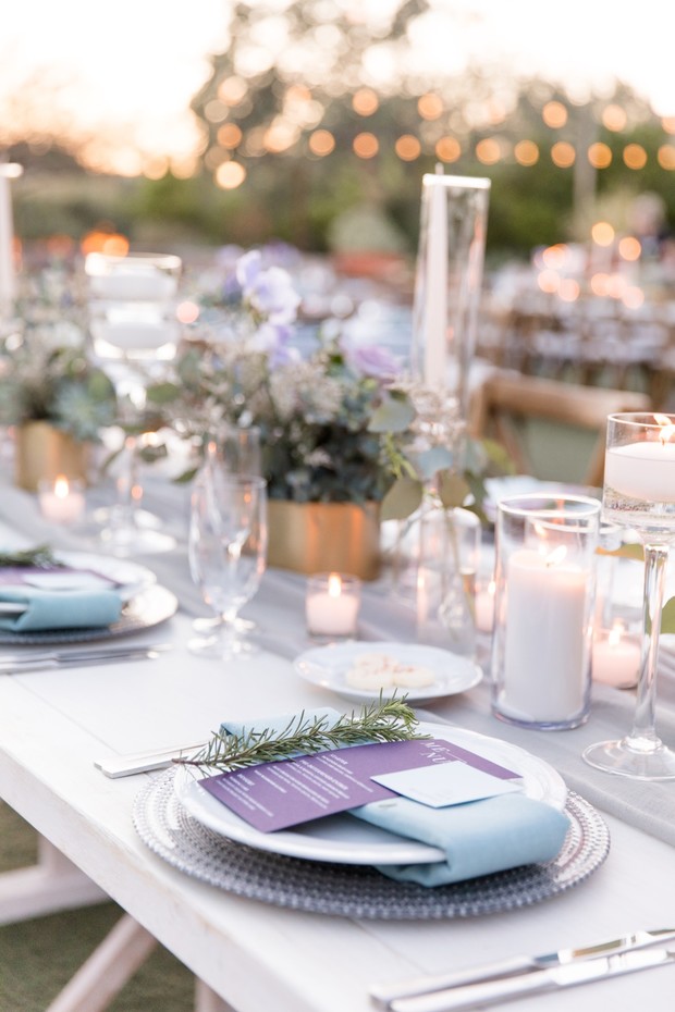 purple and grey wedding table decor