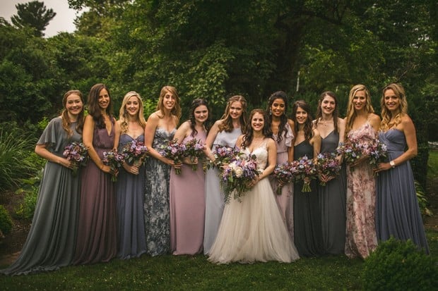 bridal party in blues and purples