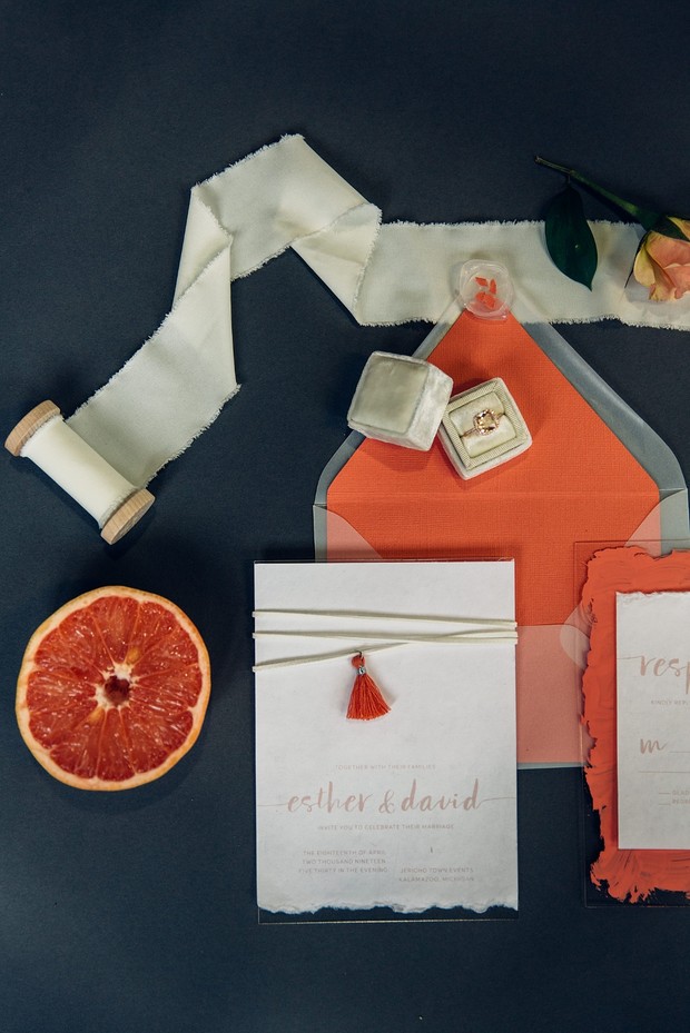coral and grapefruit wedding invitation suite