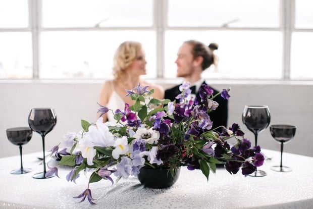 black and purple wedding reception decor