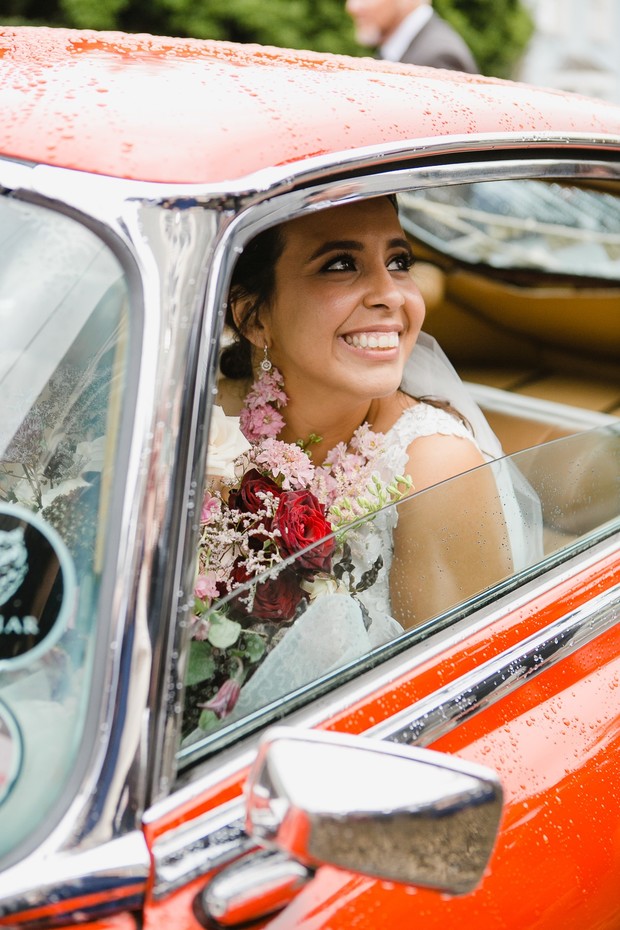 bride in a vintage ride
