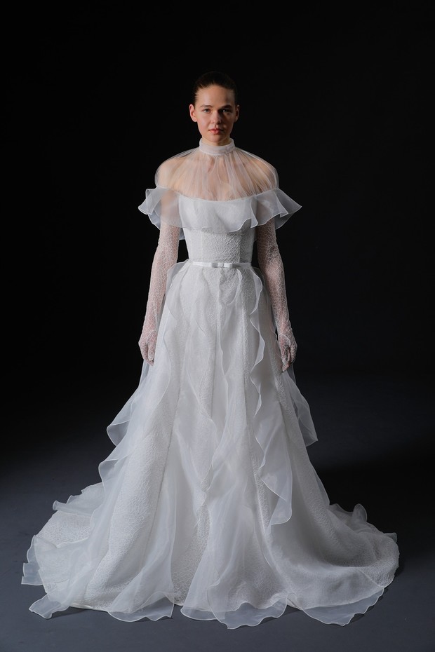 High neck ruffle capelet and gown, Isabelle Armstrong