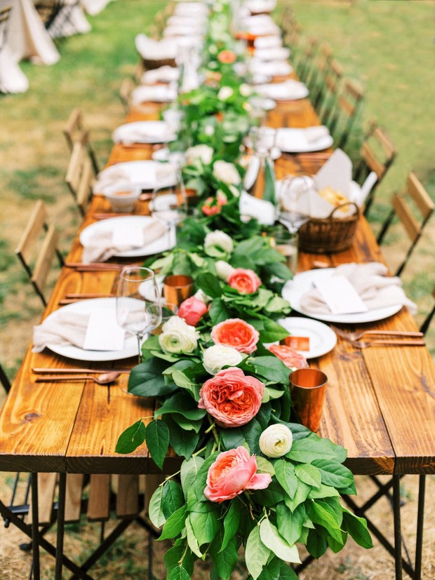 coral and white floral garland table decor