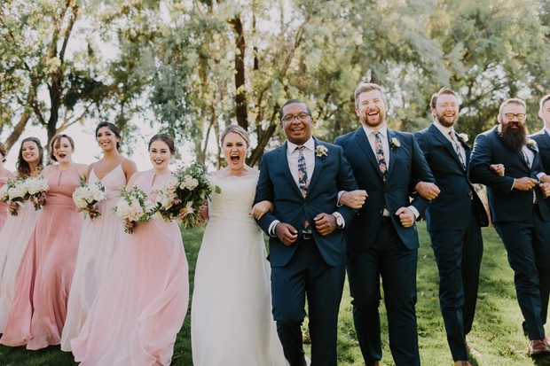 wedding party in blue and pink