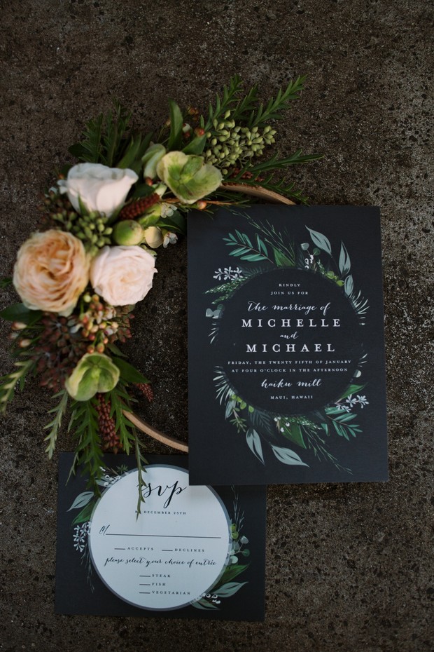 wedding invitation with greenery wreath design