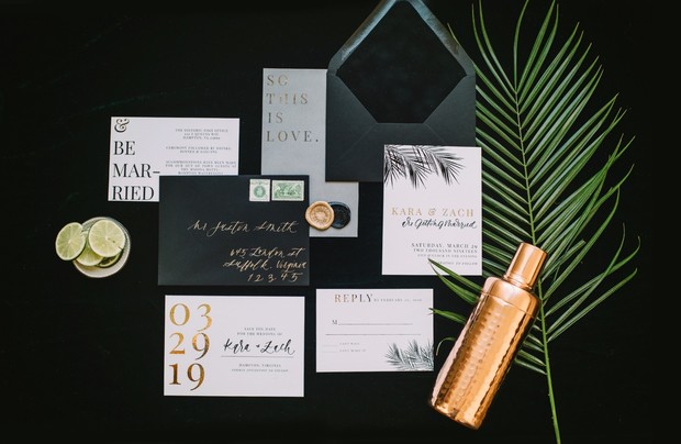modern black white and gold wedding invitation suite