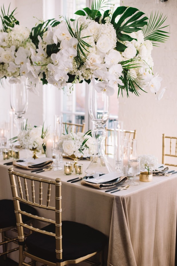 white gold and green glam wedding table decor