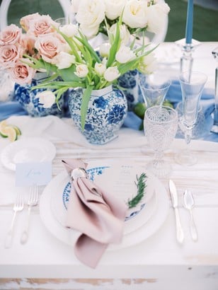 blush blue and white place setting