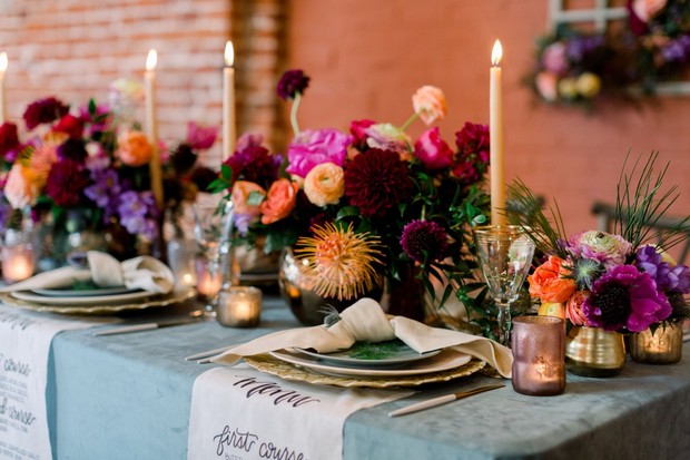wedding table decor with bright and funky florals