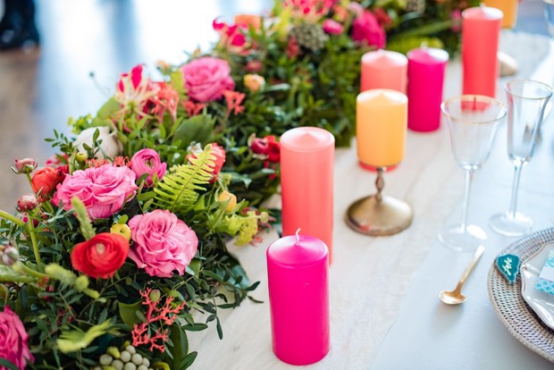 pink peach and yellow tropical themed table