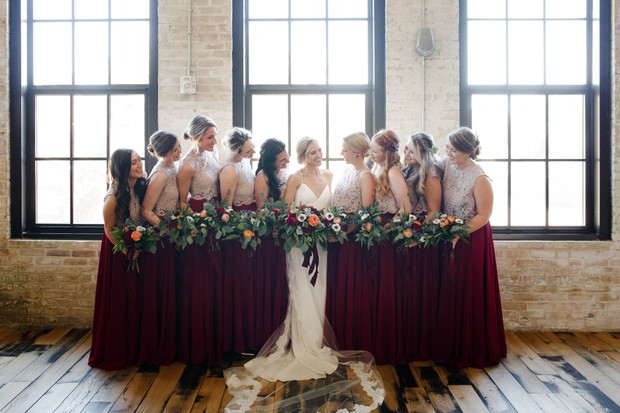 bridal party in lace and red