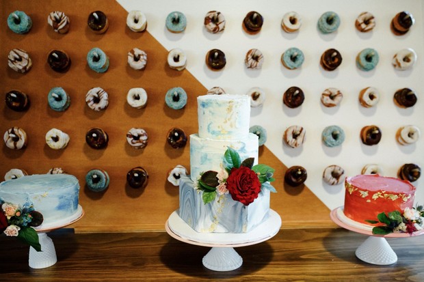 donut wall and wedding cake table