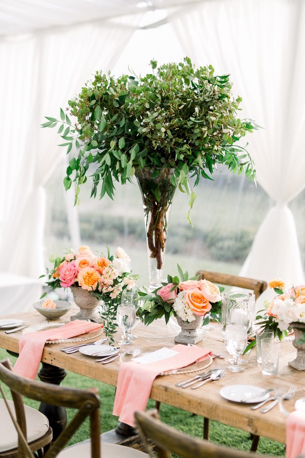 garden party inspired blush and coral wedding table decor