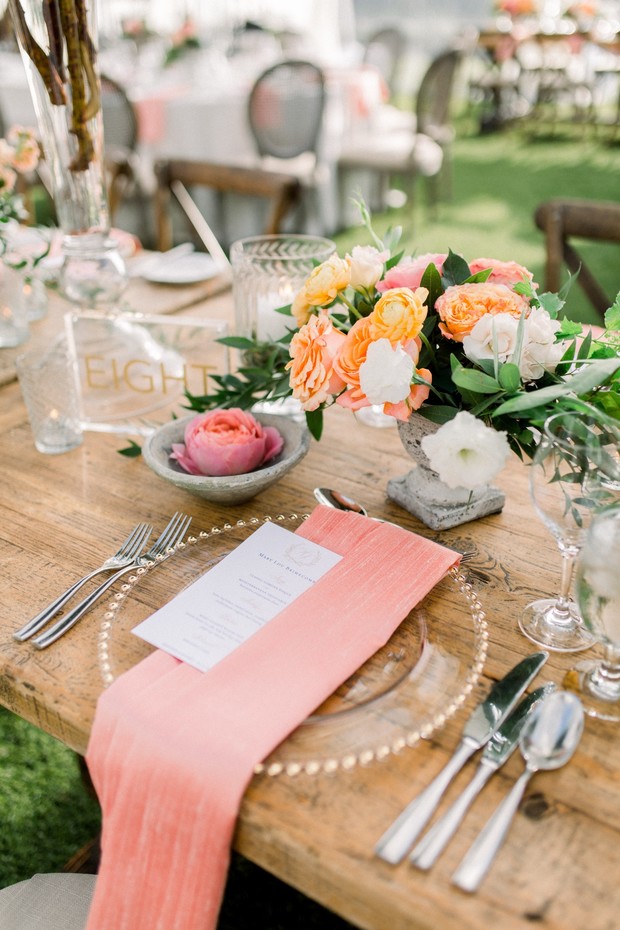 blush and coral wedding place setting
